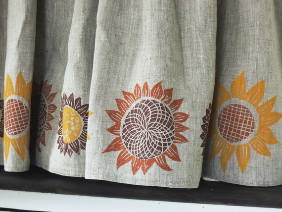 Autumn Sunflowers natural linen cafe curtains hand block printed fall home decor