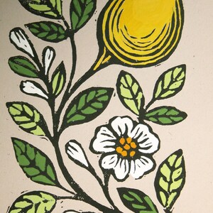 Lemon blossom original gardening art hand block print kitchen botanical home decor image 4