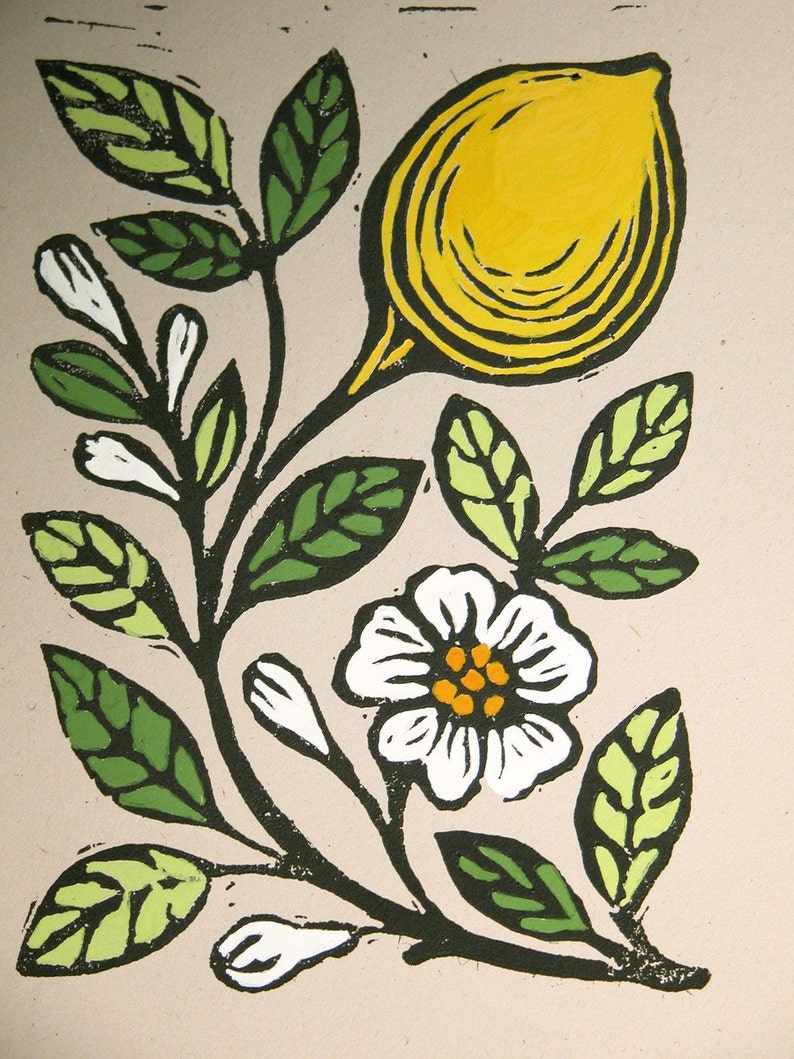 Lemon blossom original gardening art hand block print kitchen botanical home decor image 4