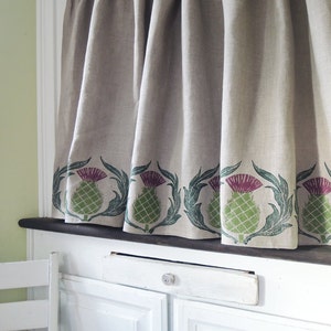 Natural gray or white hand block printed Scottish Thistle linen cafe curtain or valance