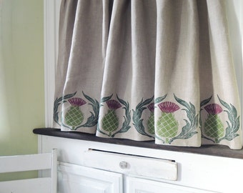 Natural gray or white hand block printed Scottish Thistle linen cafe curtain panels or valance