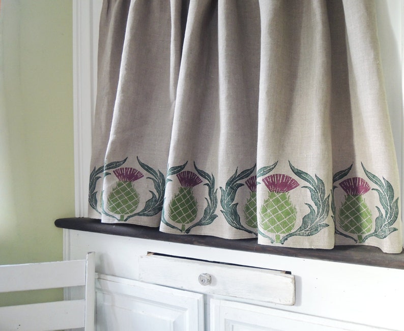 Natural gray or white hand block printed Scottish Thistle linen cafe curtain or valance natural gray