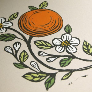 Orange and Blossoms botanical home decor original gardening art block print on recycled card stock image 2