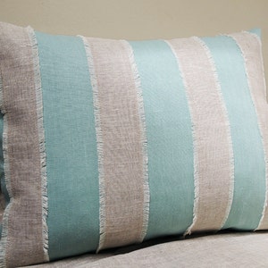 Aqua and mixed natural gray brown linen fringed nautical stripe coastal living home decor decorative pillow cover image 5