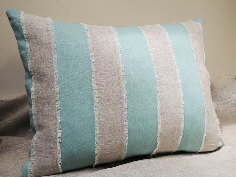 Aqua and mixed natural gray brown linen fringed nautical stripe coastal living home decor decorative pillow cover image 5