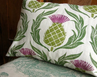 Scottish Thistle hand block printed white linen decorative home decor pillow cover