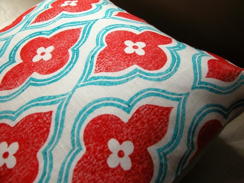 red and turquoise hand block printed linen ogee design home decor decorative colorful pillow cover your choice of size image 2