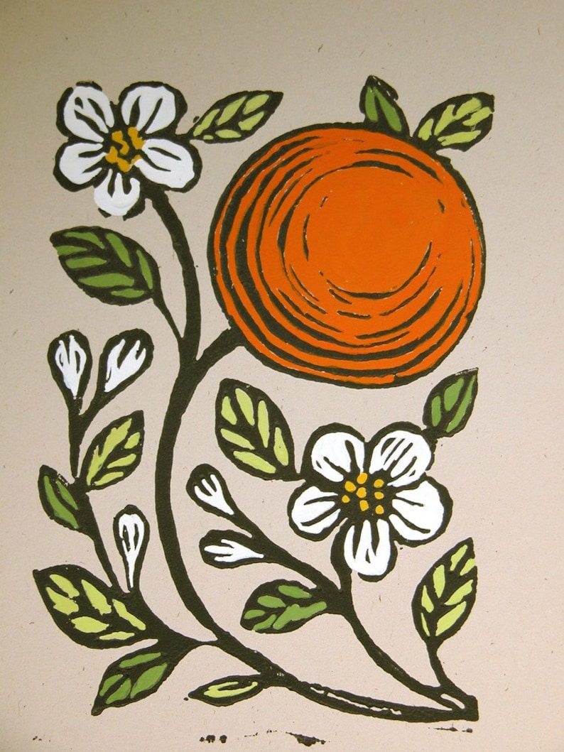 Orange and Blossoms botanical home decor original gardening art block print on recycled card stock image 1