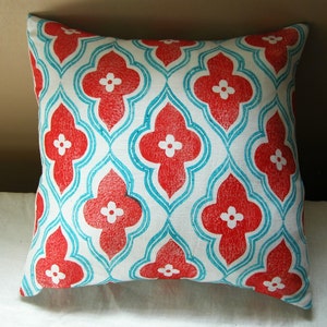 red and turquoise hand block printed linen ogee design home decor decorative colorful pillow cover your choice of size image 1