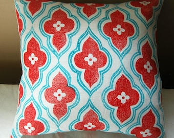 red and turquoise hand block printed linen ogee design home decor decorative colorful pillow cover your choice of size