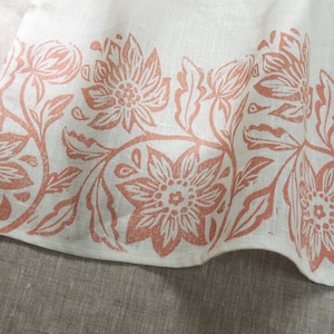 Passionflower white linen cafe curtain hand block printed botanical floral kitchen home decor country french window treatment pink clay on white