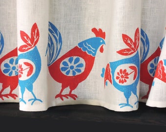 Retro Rooster and Chicken white linen cafe curtains kitchen home decor hand block printed window treatment