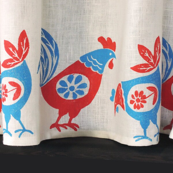 Rétro Coq et poulet blanc lin café rideaux cuisine décor maison bloc de main imprimé traitement de fenêtre