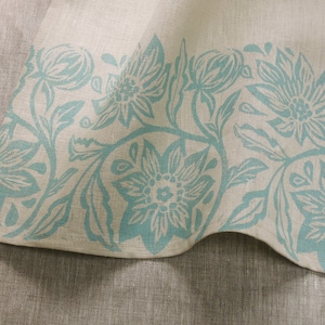 Passionflower white linen cafe curtain hand block printed botanical floral kitchen home decor country french window treatment pale blue on antique