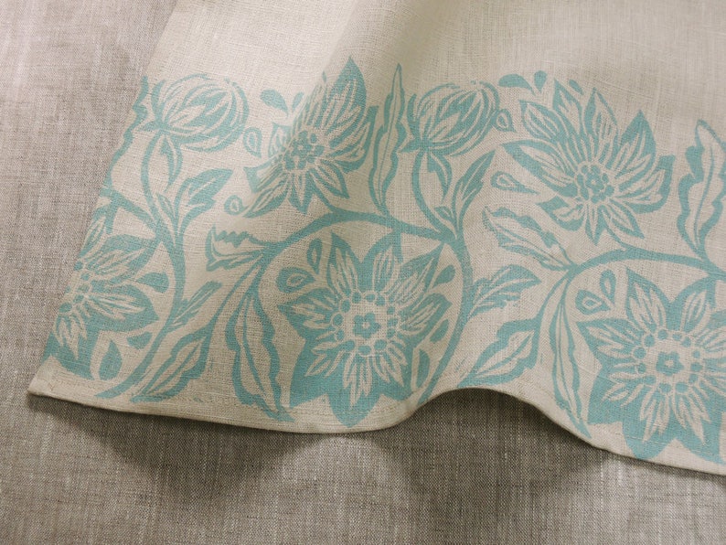 Passionflower white linen cafe curtain hand block printed botanical floral kitchen home decor country french window treatment pale blue on antique