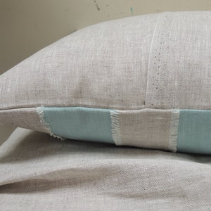 Aqua and mixed natural gray brown linen fringed nautical stripe coastal living home decor decorative pillow cover image 3