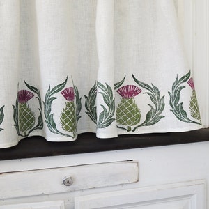 Natural gray or white hand block printed Scottish Thistle linen cafe curtain or valance bleached white
