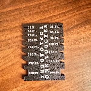 May include: A black card grading tool with the words "TOPLOADERS ONE TOUCHES" and point measurements from 35 Pt. to 360 Pt. printed in white. The tool is designed to measure card thickness.