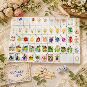 May include: A set of white mahjong tiles featuring colorful illustrations of flowers, wheat, fruits, landscapes, and directional signs. The set includes two blue-dotted dice, four counting sticks, and a card labeled NUMBER SUITS with floral borders.