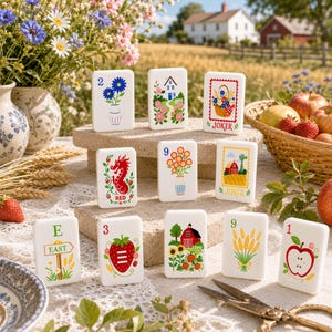 May include: A set of white rectangular tiles featuring colorful illustrations of flowers, a red dragon, a red barn, a strawberry, wheat, and an apple, with numbers and text including 'JOKER', 'RED', and 'EAST' printed on the front surfaces.