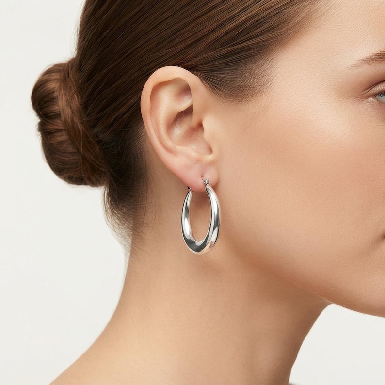 Pendientes de aro de plata de ley de 3,5 cm con cierre de palanca. Aros sencillos de plata, hipoalergénicos, gruesos, diseño clásico. Joyería para el día a día. imagen 8
