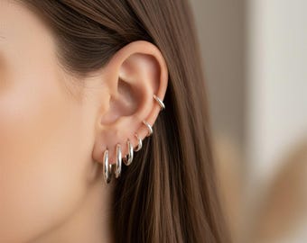 Juego de 5 pares de pendientes de aro pequeños / Aros de acero inoxidable de 18G para segunda perforación de cartílago y hélix / Joyería ligera, regalo para ella