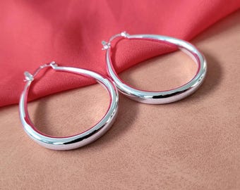 925 Sterling Silver Large Oval Hoop Huggie Earrings| XL Hoop / Over Size |Silver hoop earrings |Classic hoops | Chunky earrings 4.1X3.3CM