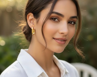 925 Sterling Silver Small Square Hoop Earrings | 14K Gold Plated Geometric Rectangle Hoops | Minimalist Lightweight Jewelry for Women