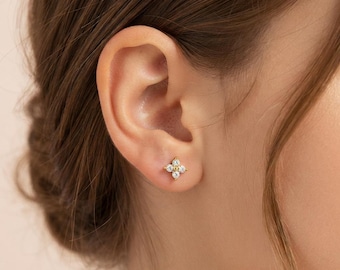 Floral CZ Climber Stud Earrings | Tiny Gold Helix| Tragus & Cartilage Studs | Dainty 4-Flower Earrings | Minimalist Flat Back Gift for Her