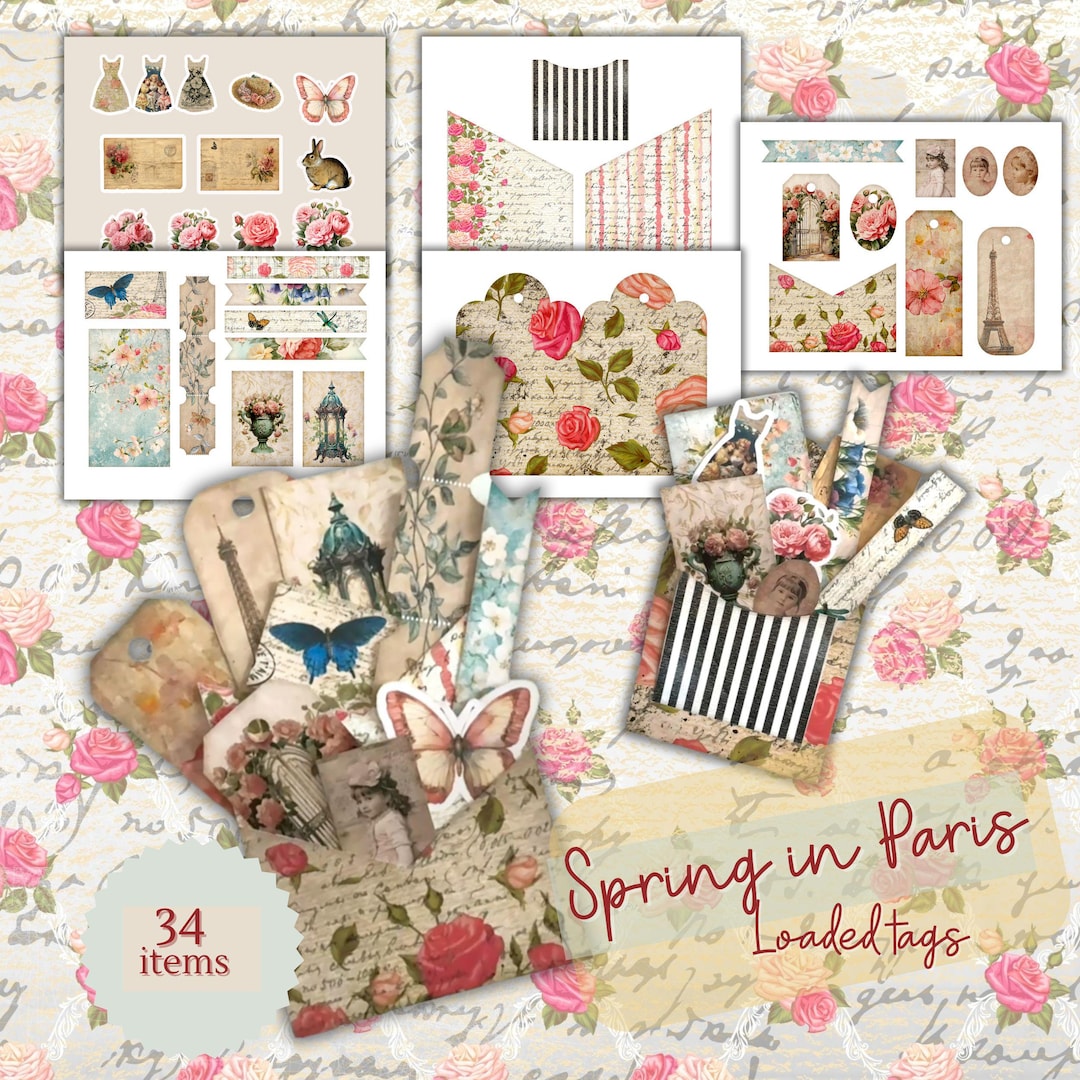 Loaded Tags, Shabby Chic Junk Journal Kit, Printable, Ephemera, Vintage ...