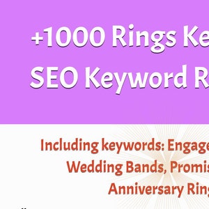 May include: A graphic promoting SEO keyword research for rings, featuring the text "+1000 Rings Keywords SEO Keyword Research." Includes keywords like Engagement Rings, Wedding Bands, Promise Rings, and Anniversary Rings. A cartoon robot holds a torch.