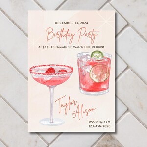 Pink Cocktails Printable Birthday Party Invitation Digital Download Template