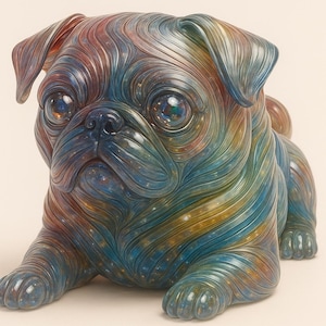 May include: A colorful pug sculpture in shades of blue, yellow, and red. The dog is lying down with its front paws extended. The sculpture has a unique, swirling pattern.