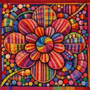 May include: A vibrant, colorful textile art piece featuring a large, stylized flower with radiating petals. The flower's center is a spiral of rainbow hues, with petals in striped patterns of red, orange, yellow, and purple. The background is dark blue, with colorful circles.