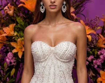 Handmade Pearl Embellished Strapless Mini Dress, Bridal Shower Cocktail Gown