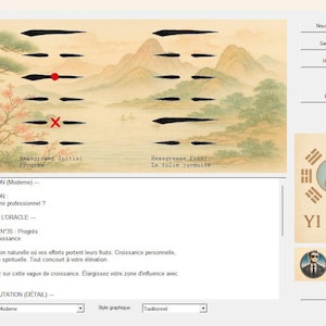 May include: A computer screen showing the YI-JING v1.0.3 software interface. The interface includes a traditional Chinese landscape painting, hexagrams, and French text. Buttons include "Nouveau Tirage" and "Sauvegarder".