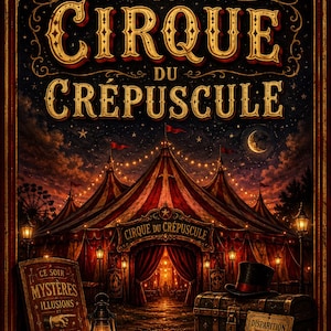 May include: A poster titled LE SECRET DU CIRQUE DU CRÉPUSCULE featuring a red and white striped circus tent under a starry night sky with a crescent moon. It includes a wooden sign with text, a lantern, a trunk with a top hat, and a missing person poster.
