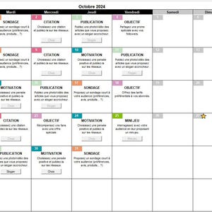 Op de afbeelding: Een kalender voor oktober 2024 met dagelijkse taken en activiteiten voor social media marketing. De kalender is verdeeld in dagen van de week, waarbij elke dag een andere kleur heeft. De taken omvatten het plaatsen van een foto of video, het delen van een citaat, het organiseren van een wedstrijd en meer.