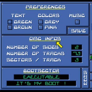 Puede incluir: Una pantalla azul con el texto "BOOT PROTECTOR 2.82" en amarillo y rojo. La pantalla muestra un menú con opciones para texto, colores, música, información del disco y preferencias. El texto "DISC INFOS" está resaltado en amarillo. La pantalla también muestra una unidad de disquete con las letras "A" y "B" en las unidades.