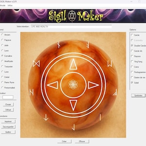 Può includere: Un'interfaccia software intitolata Sigil Maker v2.01 che mostra un grafico circolare marmorizzato arancione e marrone. Il centro presenta linee geometriche bianche, tra cui un doppio cerchio, quattro triangoli rivolti verso l'interno e un motivo floreale.