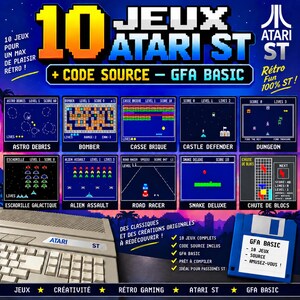 May include: A digital graphic featuring 10 Atari ST games with screenshots including Astro Debris, Bomber, Casse Brique, Castle Defender, Dungeon, Escadrille Galactique, Alien Assault, Road Racer, Snake Deluxe, and Chute de Blocs, plus a floppy disk.
