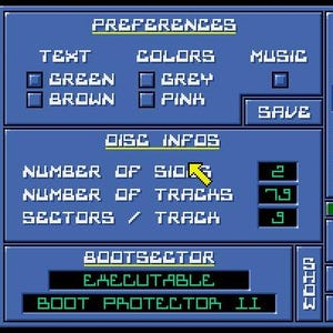 Peut inclure: Une interface numérique pour Boot Protector II 2.84 avec un menu bleu comprenant des sections pour les préférences, les informations sur le disque et la musique. L'écran affiche des options de texte, de couleur, des données de piste et une icône de seringue.
