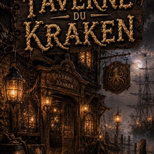 Peut inclure: Une scène de taverne sombre et atmosphérique intitulée LE SECRET DE LA TAVERNE DU KRAKEN. Le bâtiment présente du bois patiné, des lanternes lumineuses et une enseigne avec un emblème de pieuvre. Un grand navire est visible sous la pleine lune.
