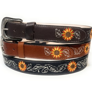 Embroidered Sunflower Leather Belt: Women&#39;s Western Cowgirl Style