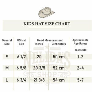 May include: Kids hat size chart with general size, US hat size, head measurement in inches and centimeters, and approximate age range in years old. Sizes include S, M, and L.  S is 6 1/2, 20 inches, 50 cm, 1-2 years old. M is 6 5/8, 20 3/5 inches, 52 cm, 2-4 years old. L is 6 3/4, 21 3/8 inches, 54 cm, 5-7 years old.