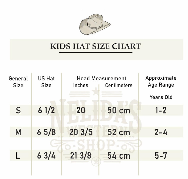 May include: Kids hat size chart with general size, US hat size, head measurement in inches and centimeters, and approximate age range in years old. Sizes include S, M, and L.  S is 6 1/2, 20 inches, 50 cm, 1-2 years old. M is 6 5/8, 20 3/5 inches, 52 cm, 2-4 years old. L is 6 3/4, 21 3/8 inches, 54 cm, 5-7 years old.