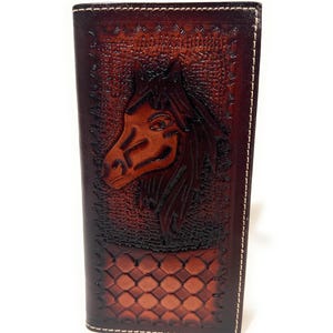 Men&#39;s Hand Crafted Western Tall Wallet, Genuine Leather Horse Cowboy Rodeo Bifold Tall Western Checkbook Wallet