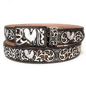 Handcrafted Men&#39;s Charro Belt: Rooster Design Western Belt