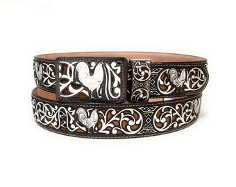 Handcrafted Men's Charro Belt: Rooster Design Western Belt