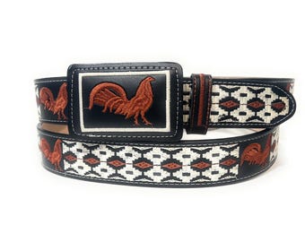Handcrafted Men's Leather Western Belt: Rooster Embroidered, 1 3/4 inch